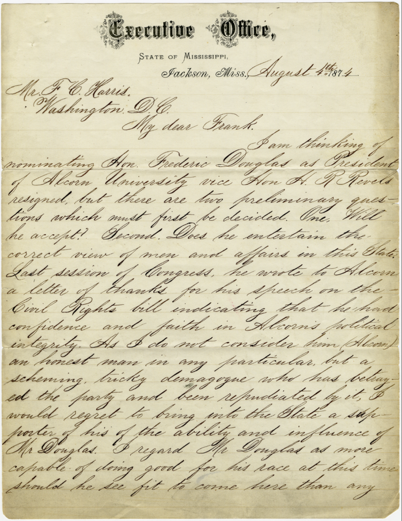 Scan of hand written letter on Mississippi Executive Office letterhead